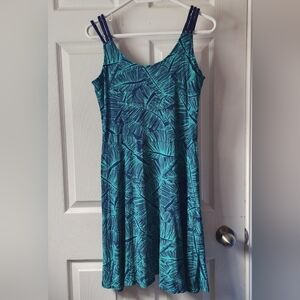 Reitmans Teal and Navy Leaf-Print Dress, Medium